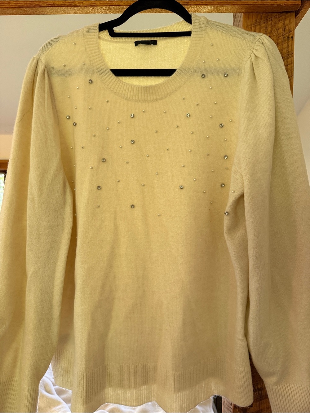 Ann Taylor Cream Crewneck Sweater with Beaded Detail